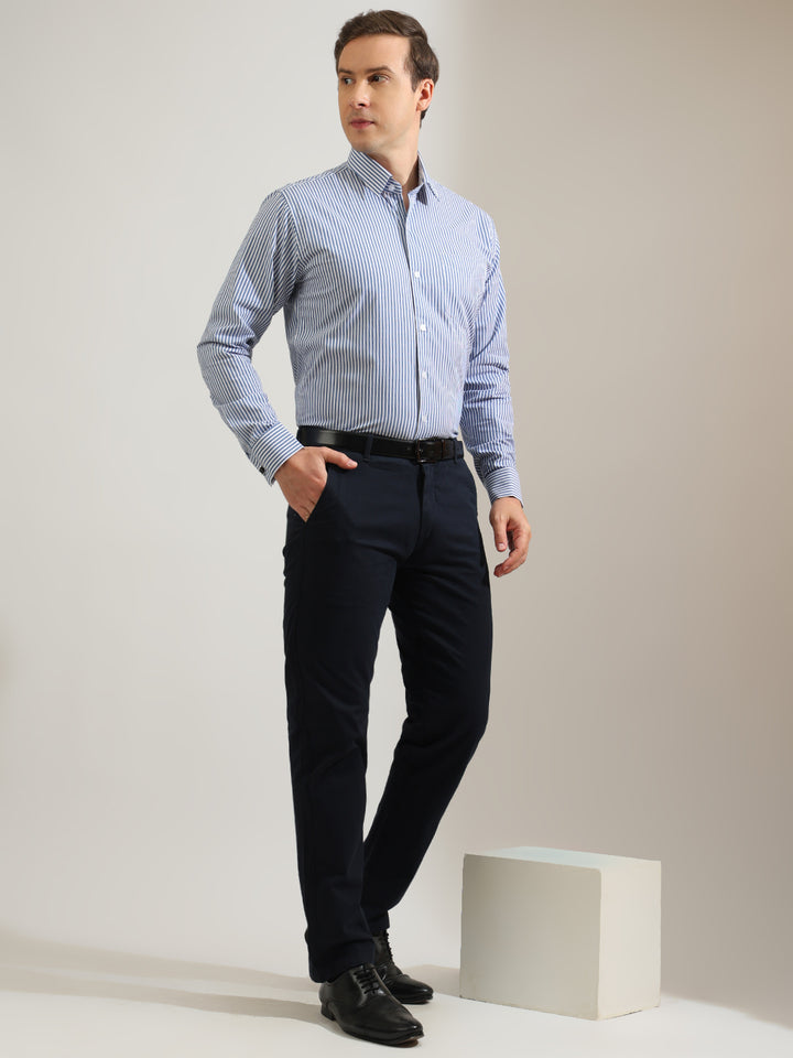 Hancock   Men   White & Blue   Stripes   Pure Cotton   Slim Fit   Formal   Shirt