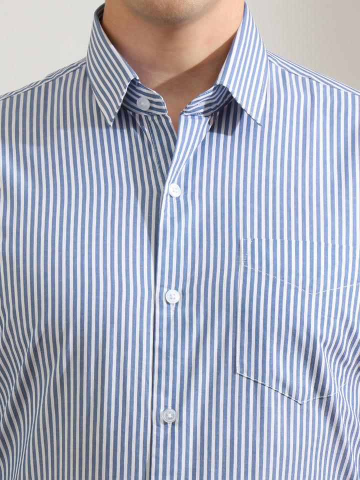 Hancock   Men   White & Blue   Stripes   Pure Cotton   Slim Fit   Formal   Shirt