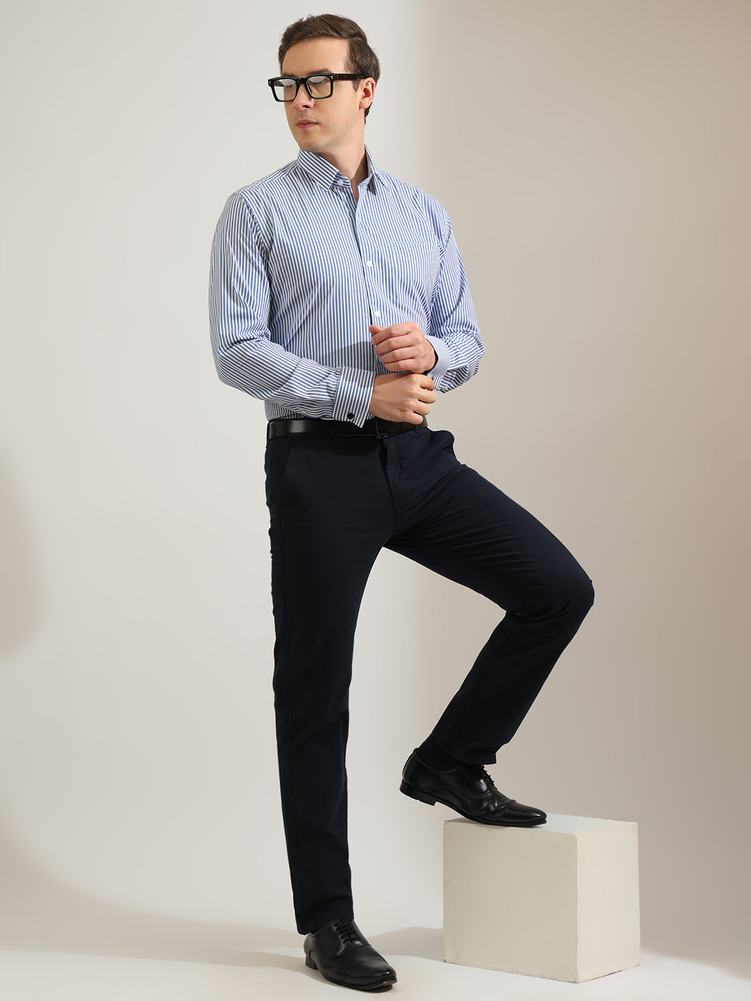 Hancock   Men   White & Blue   Stripes   Pure Cotton   Slim Fit   Formal   Shirt