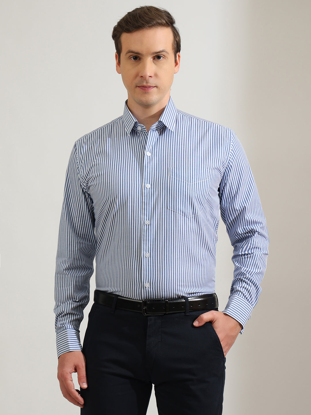 Hancock   Men   White & Blue   Stripes   Pure Cotton   Slim Fit   Formal   Shirt
