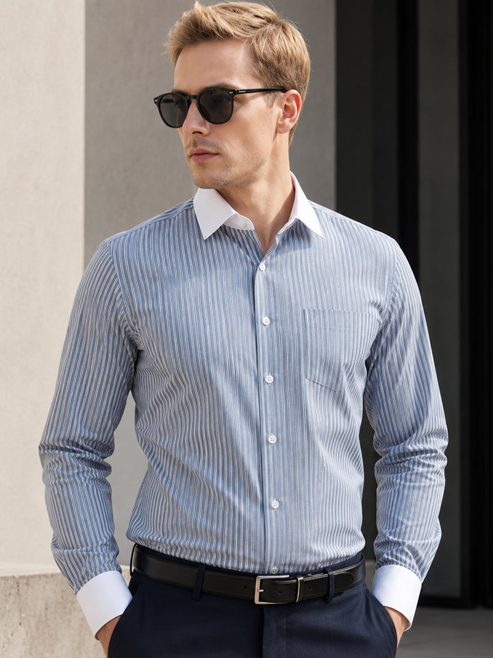 Hancock   Men   Blue   Stripes   Pure Cotton   Slim Fit   Formal   Shirt