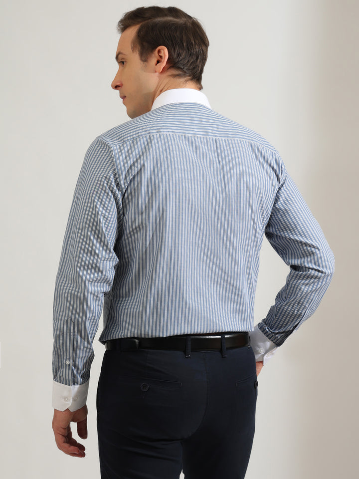 Hancock   Men   Blue   Stripes   Pure Cotton   Slim Fit   Formal   Shirt