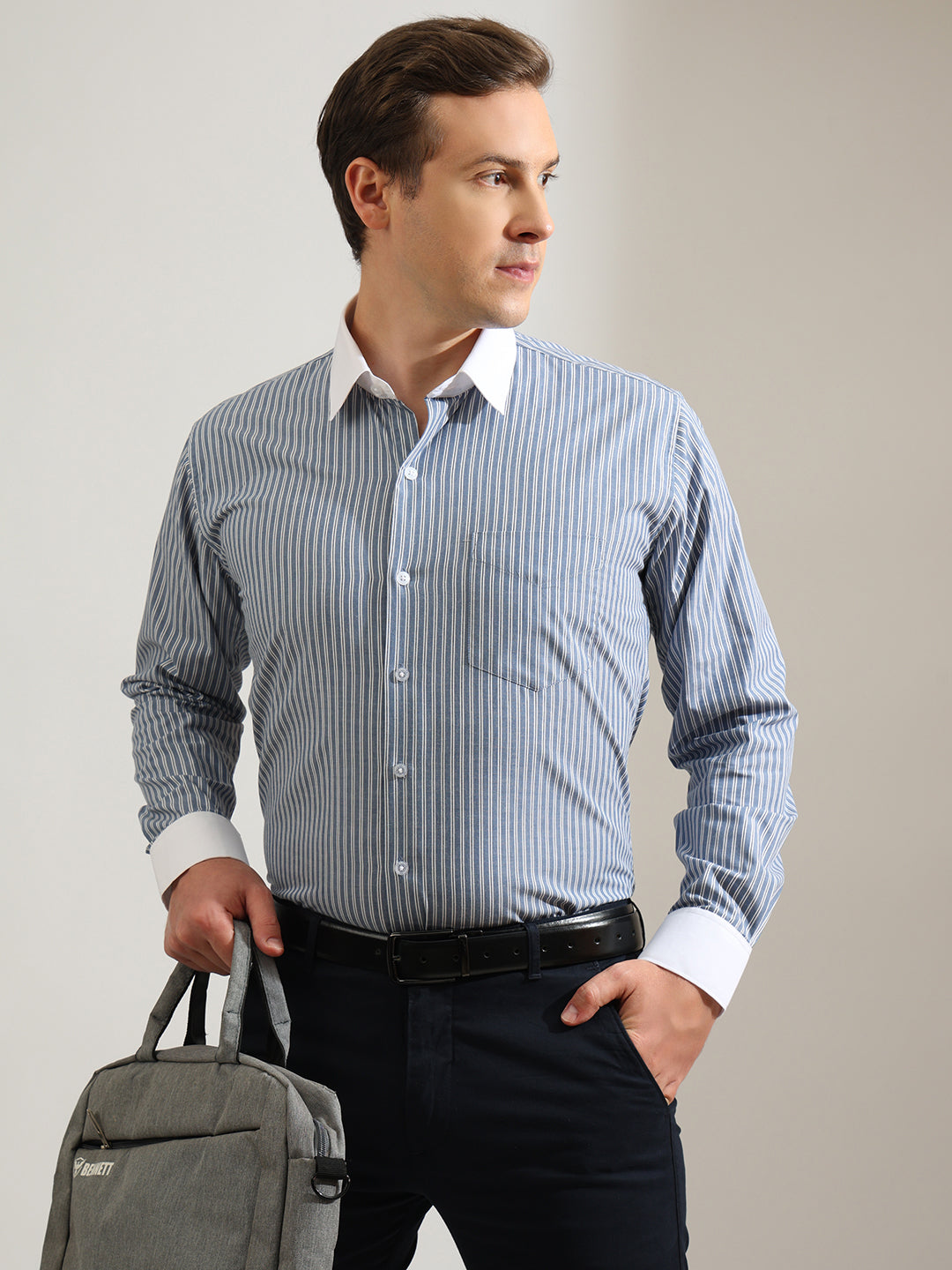 Hancock   Men   Blue   Stripes   Pure Cotton   Slim Fit   Formal   Shirt