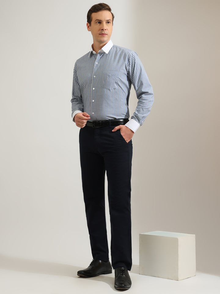 Hancock   Men   Blue   Stripes   Pure Cotton   Slim Fit   Formal   Shirt