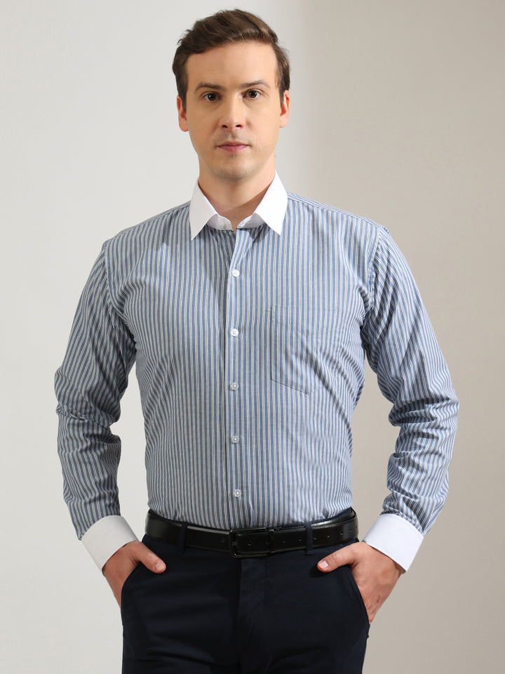 Hancock   Men   Blue   Stripes   Pure Cotton   Slim Fit   Formal   Shirt