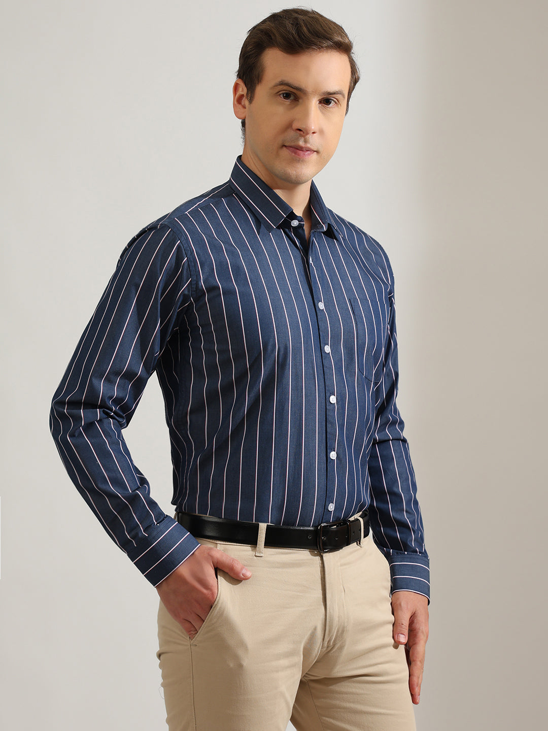 Hancock   Men   Navy Blue   Stripes   Pure Cotton   Slim Fit   Formal   Shirt