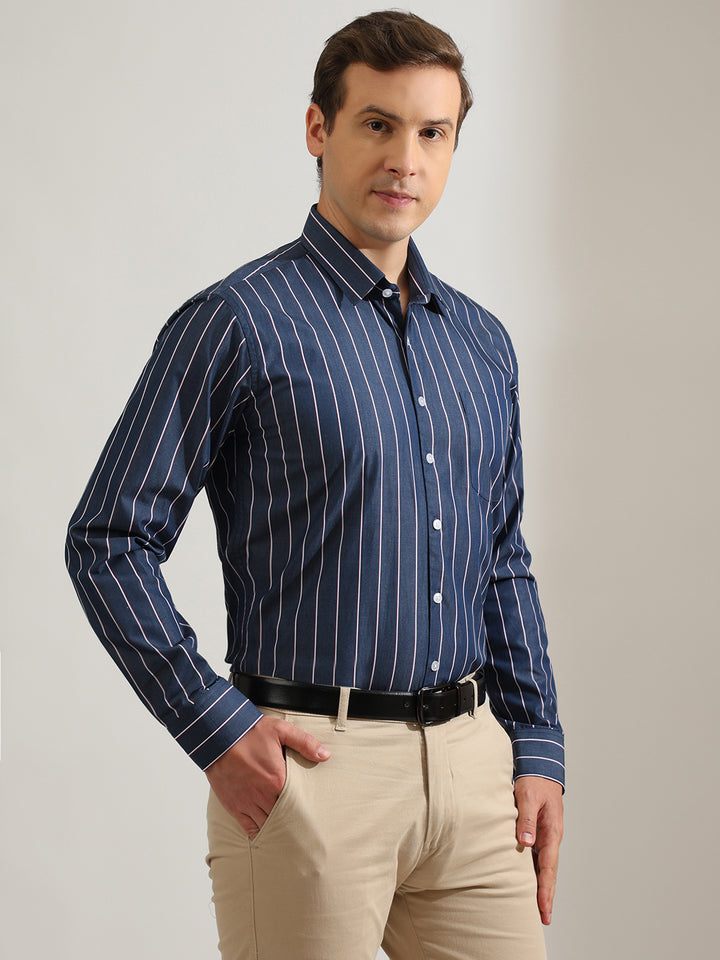 Hancock   Men   Navy Blue   Stripes   Pure Cotton   Slim Fit   Formal   Shirt