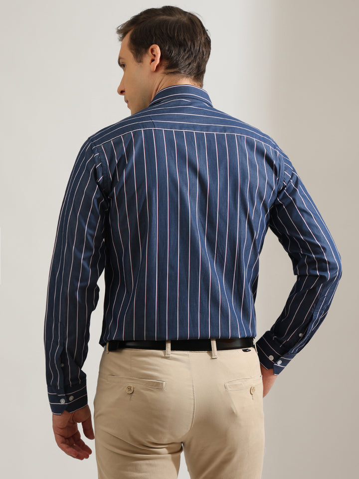 Hancock   Men   Navy Blue   Stripes   Pure Cotton   Slim Fit   Formal   Shirt