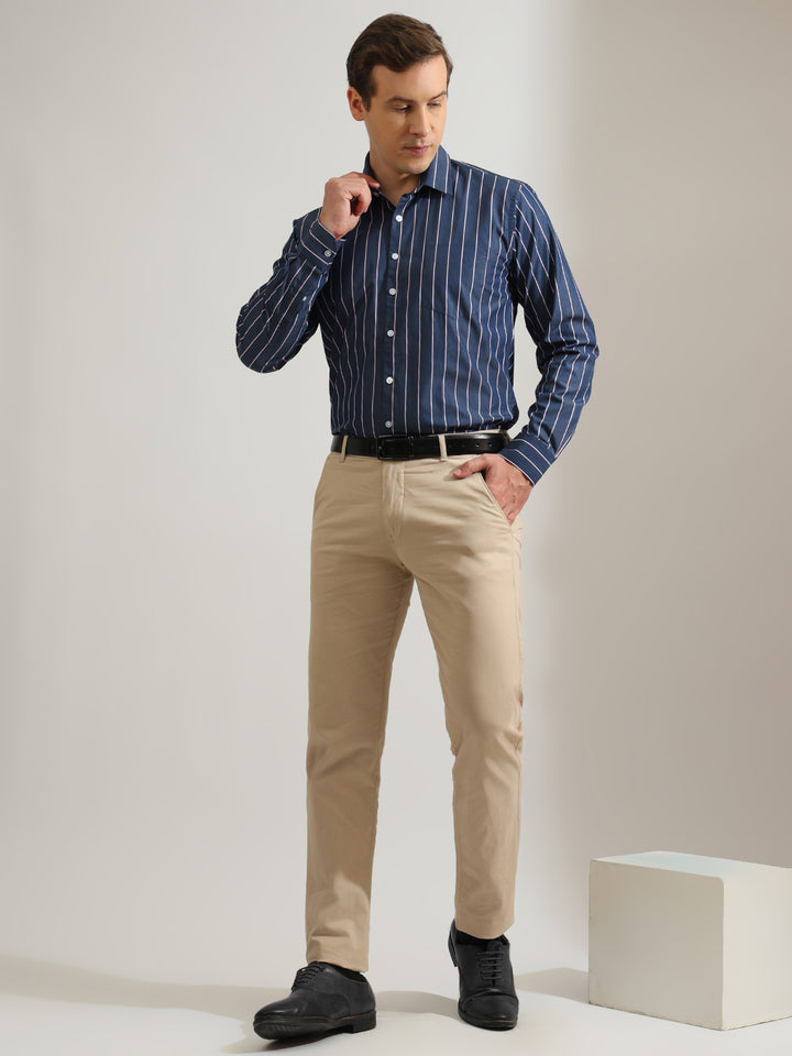 Hancock   Men   Navy Blue   Stripes   Pure Cotton   Slim Fit   Formal   Shirt