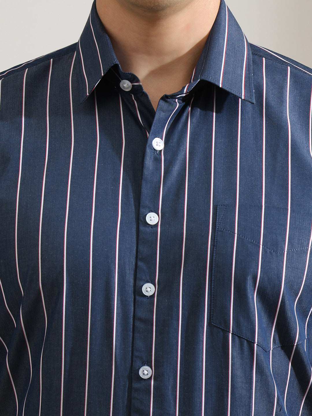 Hancock   Men   Navy Blue   Stripes   Pure Cotton   Slim Fit   Formal   Shirt