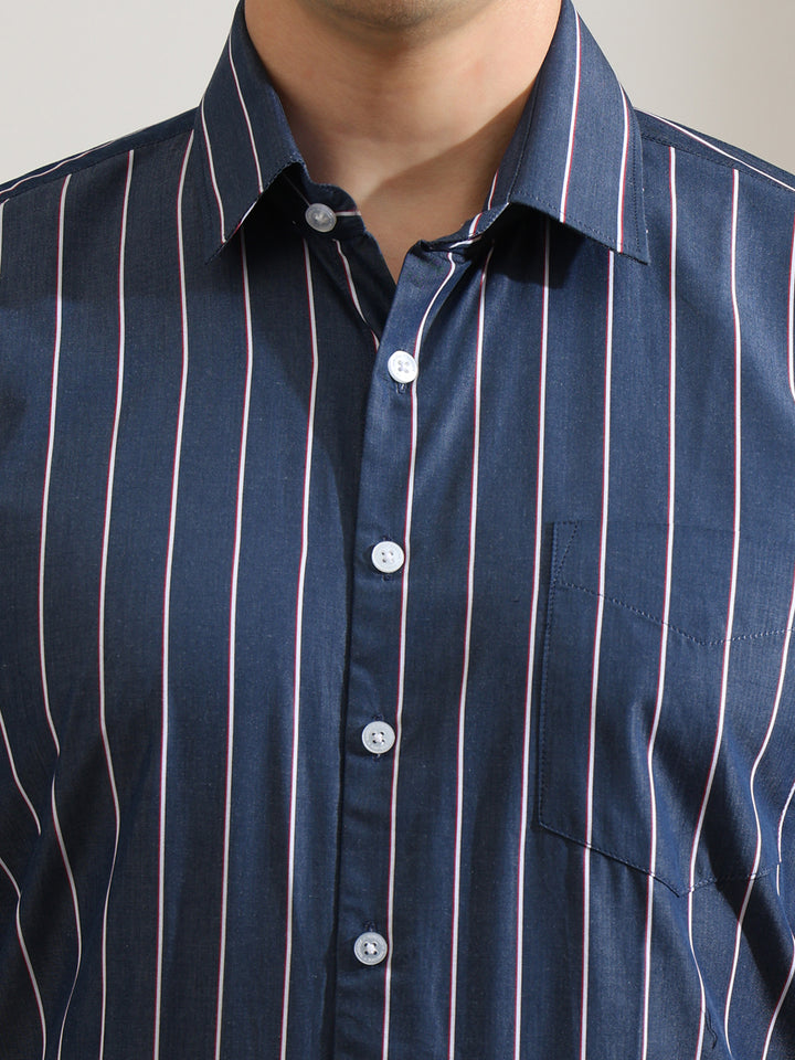 Hancock   Men   Navy Blue   Stripes   Pure Cotton   Slim Fit   Formal   Shirt