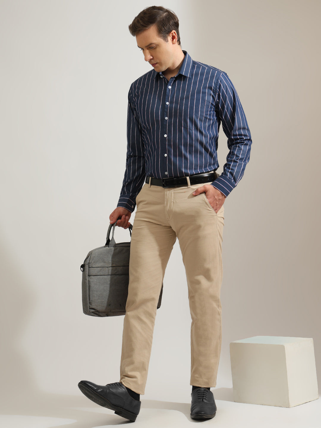 Hancock   Men   Navy Blue   Stripes   Pure Cotton   Slim Fit   Formal   Shirt