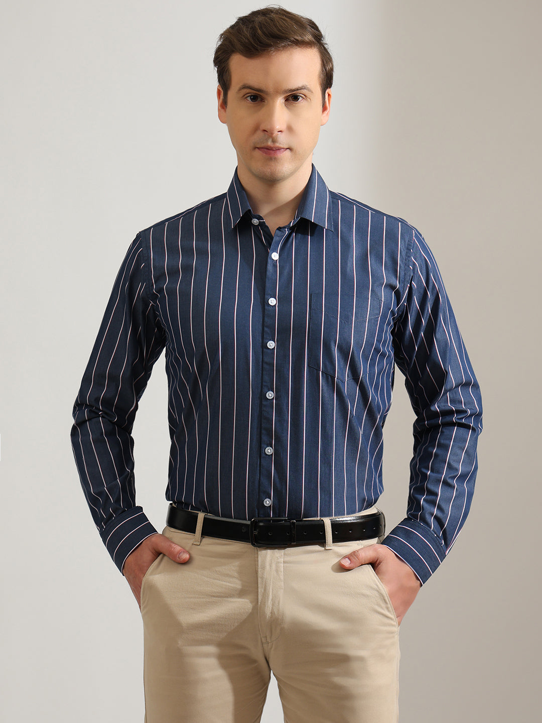 Hancock   Men   Navy Blue   Stripes   Pure Cotton   Slim Fit   Formal   Shirt