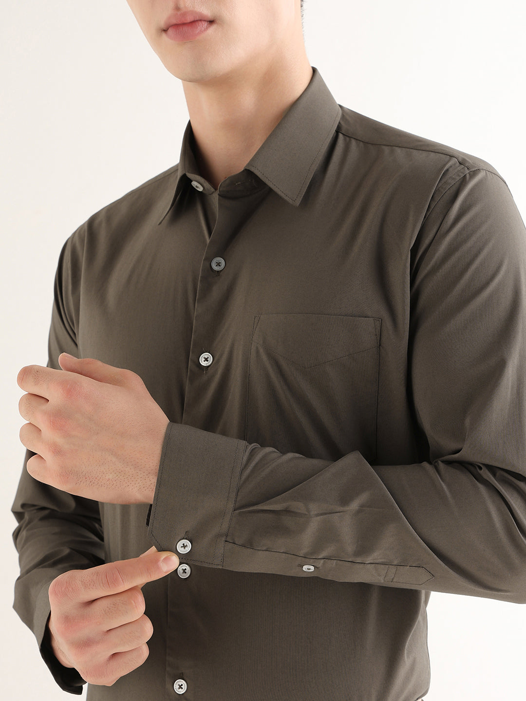 Hancock   Men   Dark Olive   Solids   Cotton Blend   Slim Fit   Formal   Shirt
