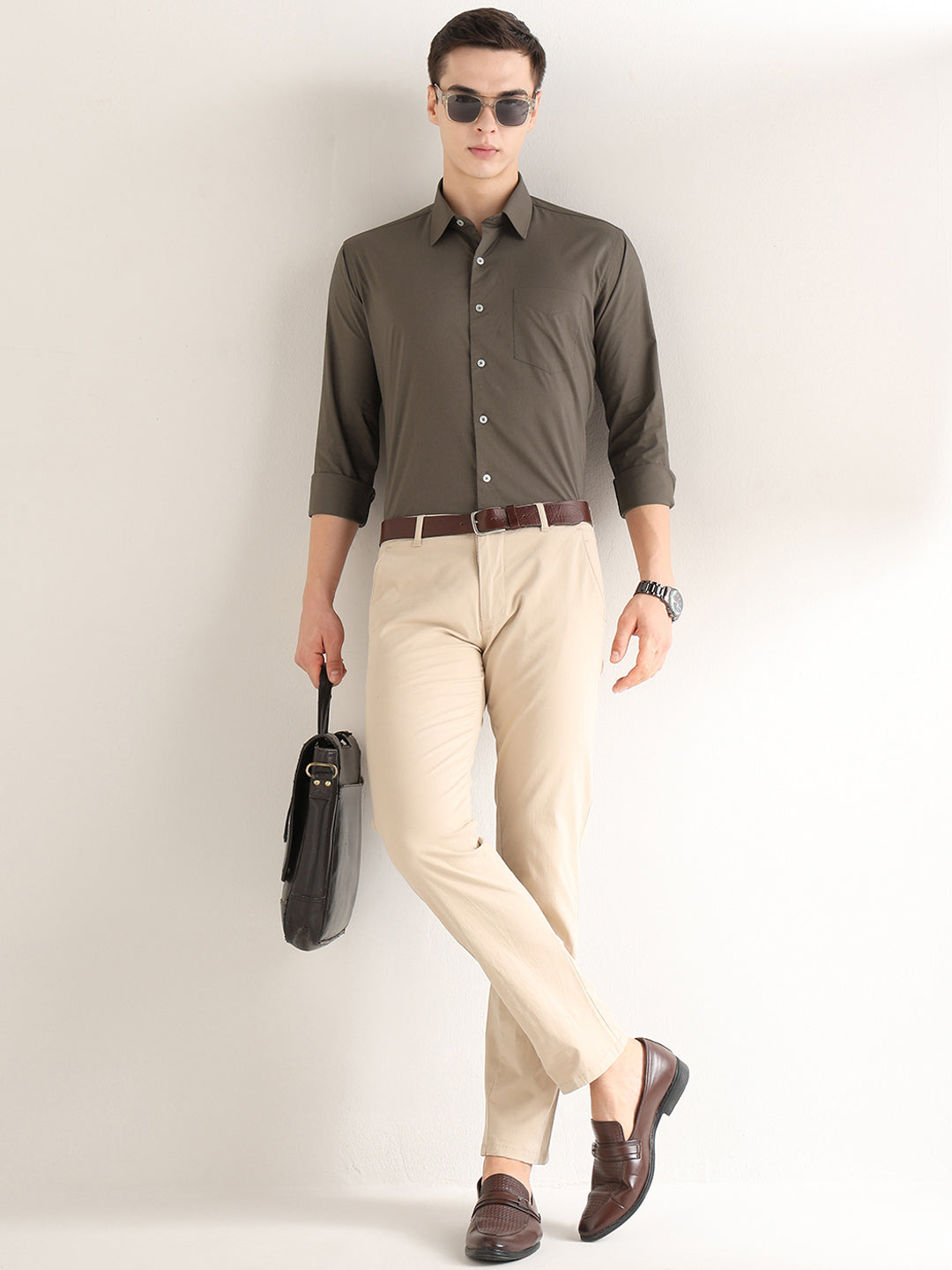 Hancock   Men   Dark Olive   Solids   Cotton Blend   Slim Fit   Formal   Shirt