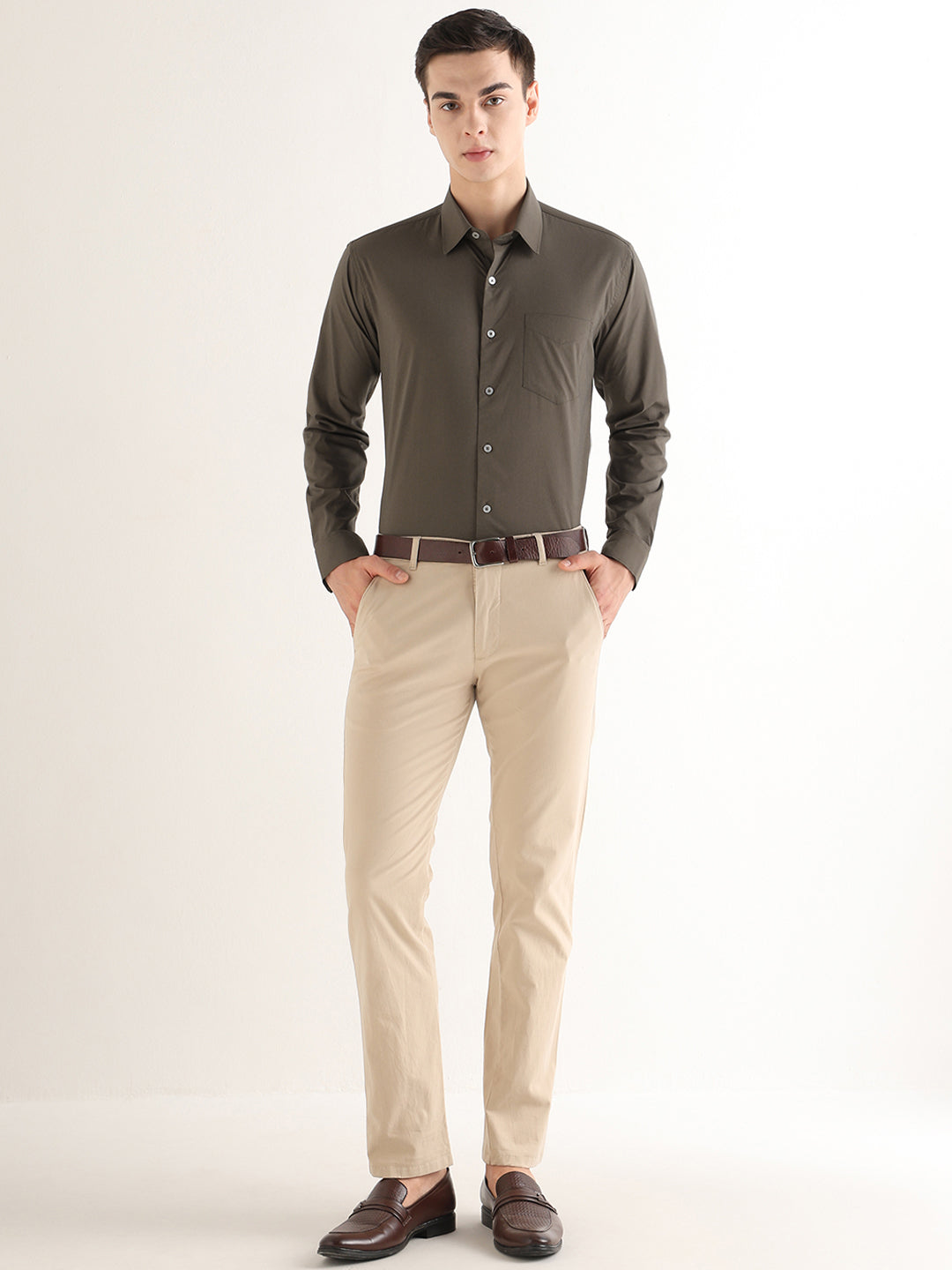 Hancock   Men   Dark Olive   Solids   Cotton Blend   Slim Fit   Formal   Shirt