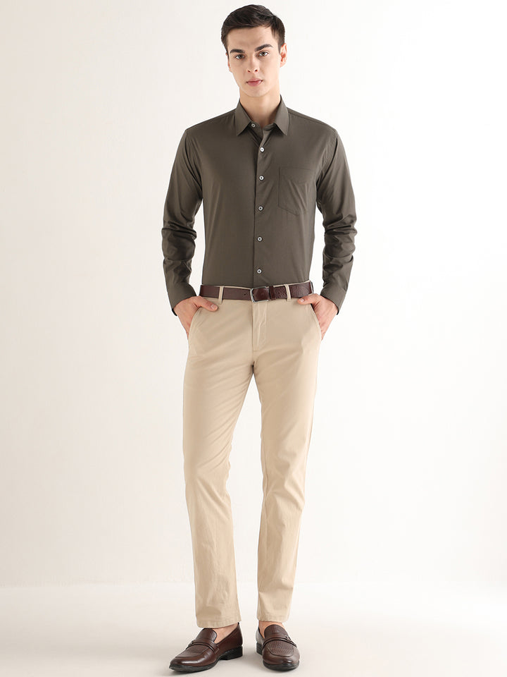 Hancock   Men   Dark Olive   Solids   Cotton Blend   Slim Fit   Formal   Shirt