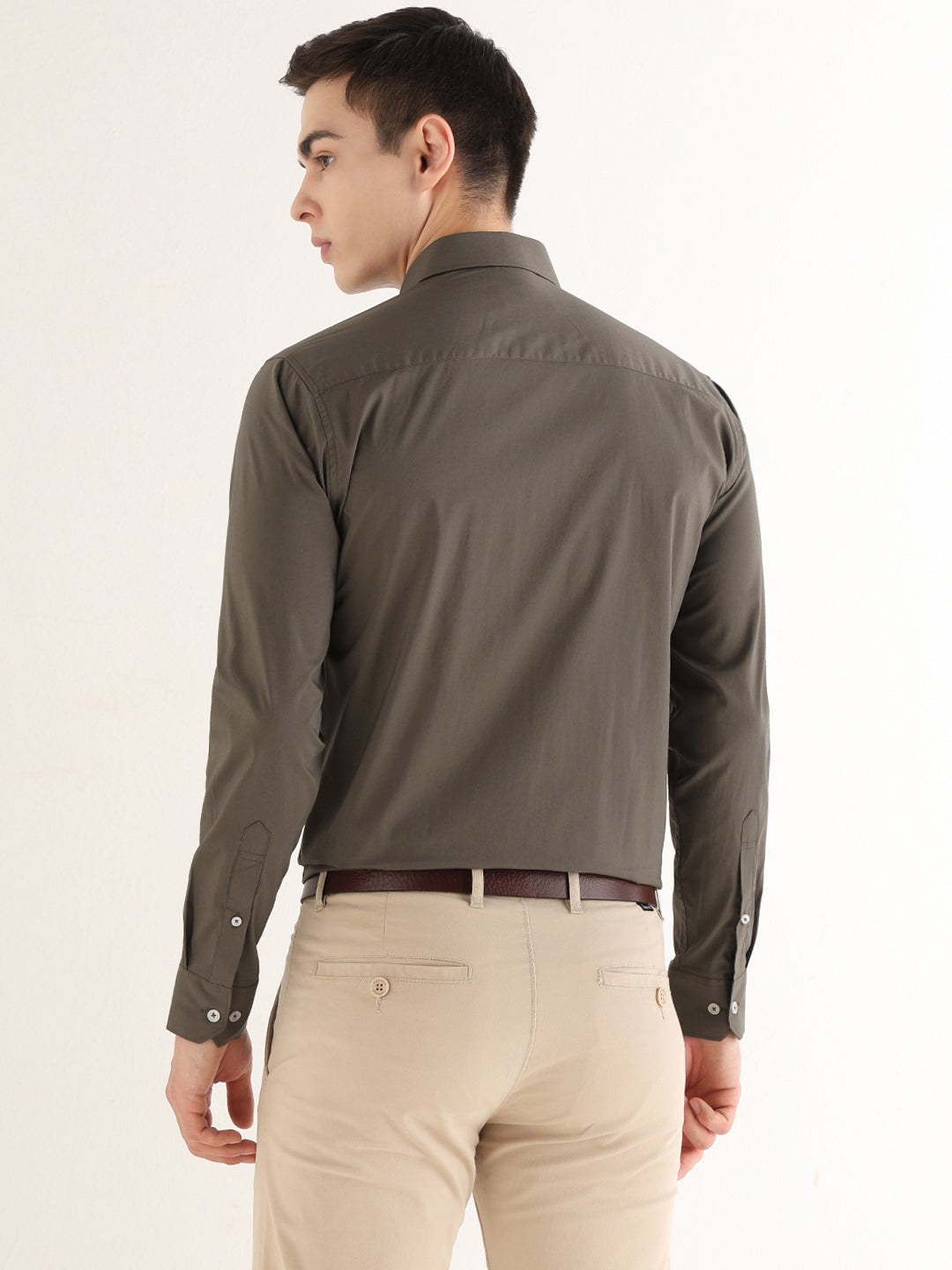 Hancock   Men   Dark Olive   Solids   Cotton Blend   Slim Fit   Formal   Shirt