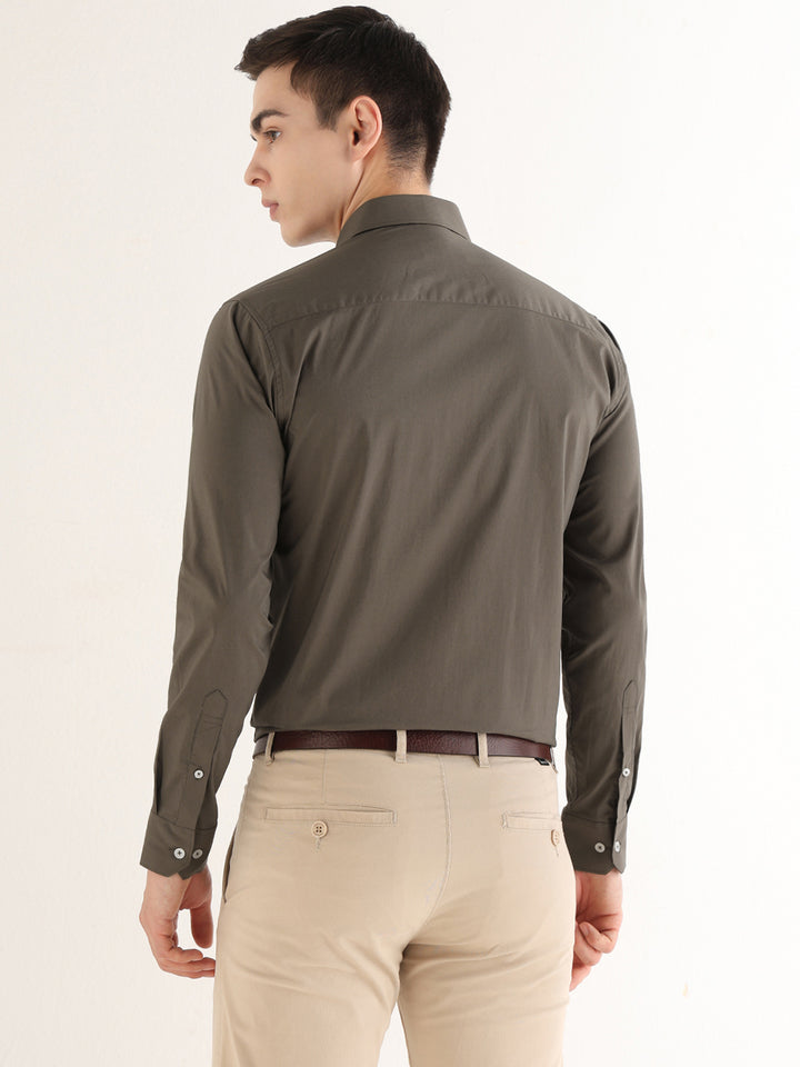 Hancock   Men   Dark Olive   Solids   Cotton Blend   Slim Fit   Formal   Shirt