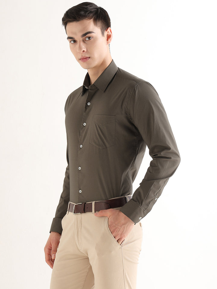 Hancock   Men   Dark Olive   Solids   Cotton Blend   Slim Fit   Formal   Shirt