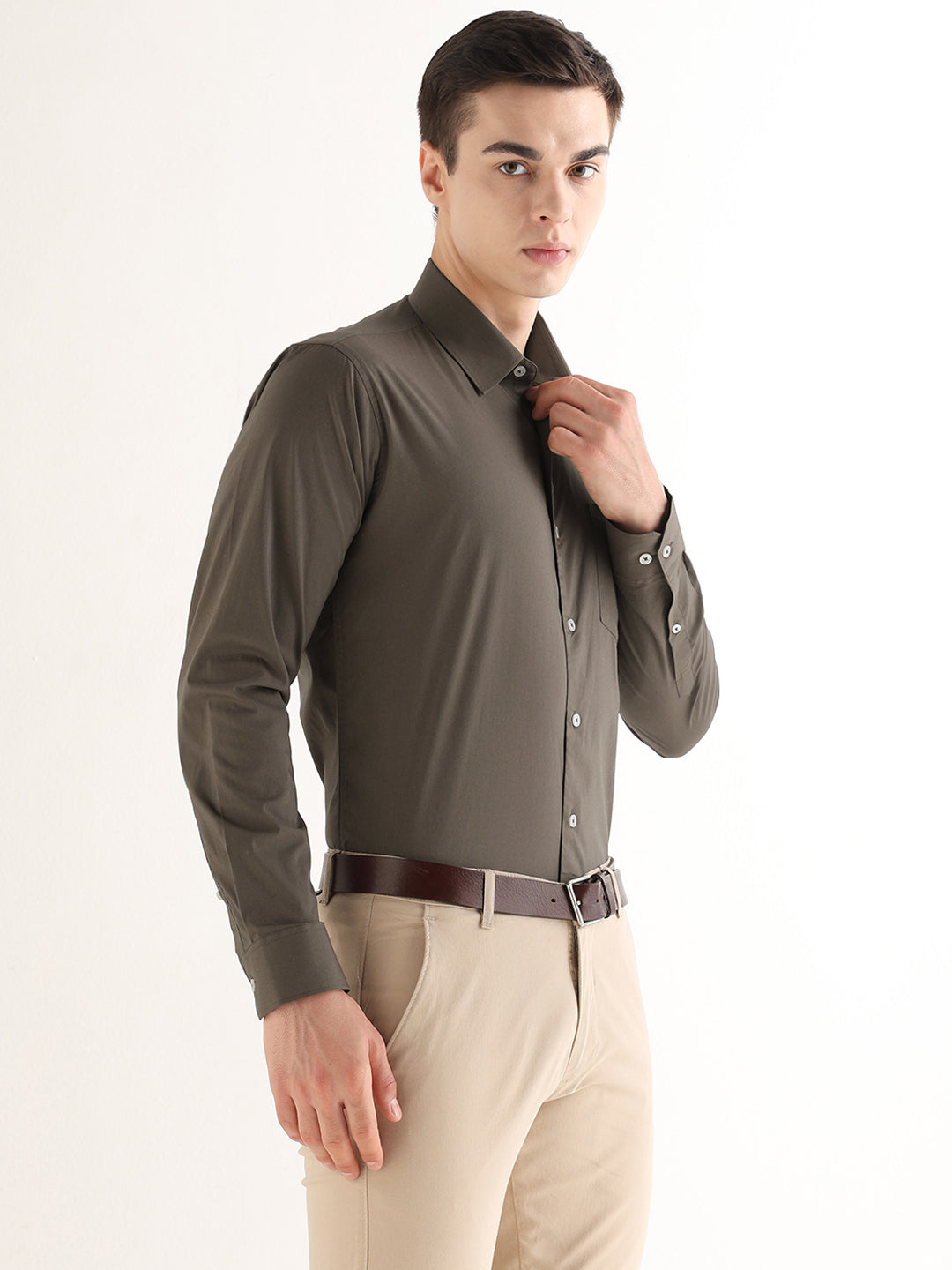 Hancock   Men   Dark Olive   Solids   Cotton Blend   Slim Fit   Formal   Shirt
