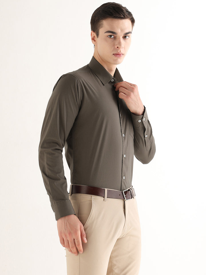 Hancock   Men   Dark Olive   Solids   Cotton Blend   Slim Fit   Formal   Shirt