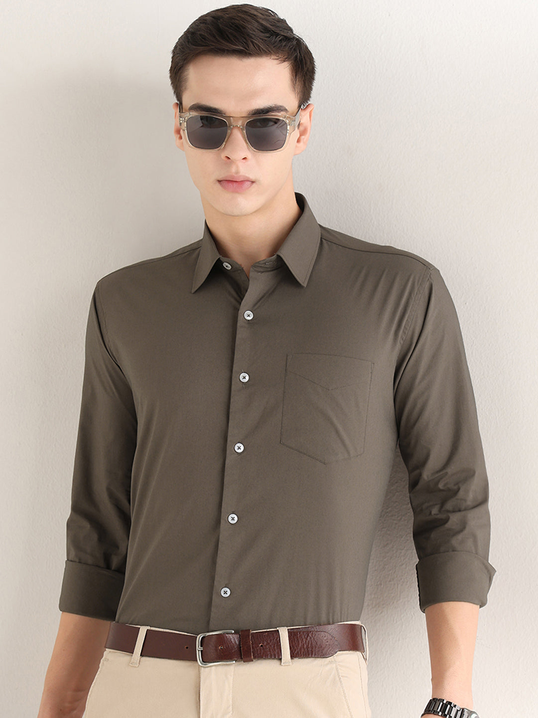 Hancock   Men   Dark Olive   Solids   Cotton Blend   Slim Fit   Formal   Shirt