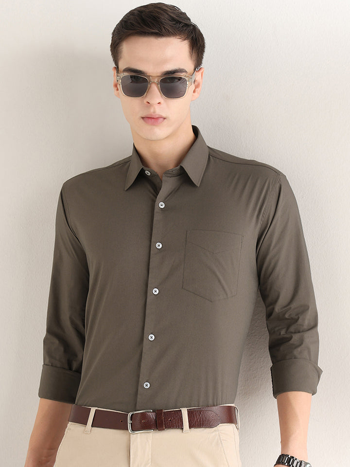 Hancock   Men   Dark Olive   Solids   Cotton Blend   Slim Fit   Formal   Shirt