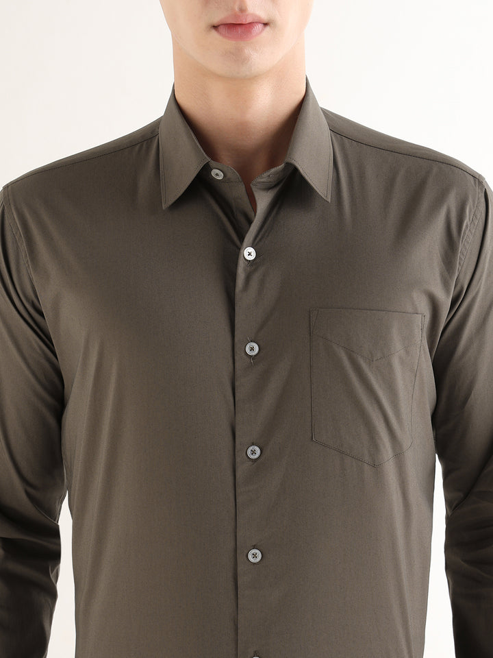 Hancock   Men   Dark Olive   Solids   Cotton Blend   Slim Fit   Formal   Shirt