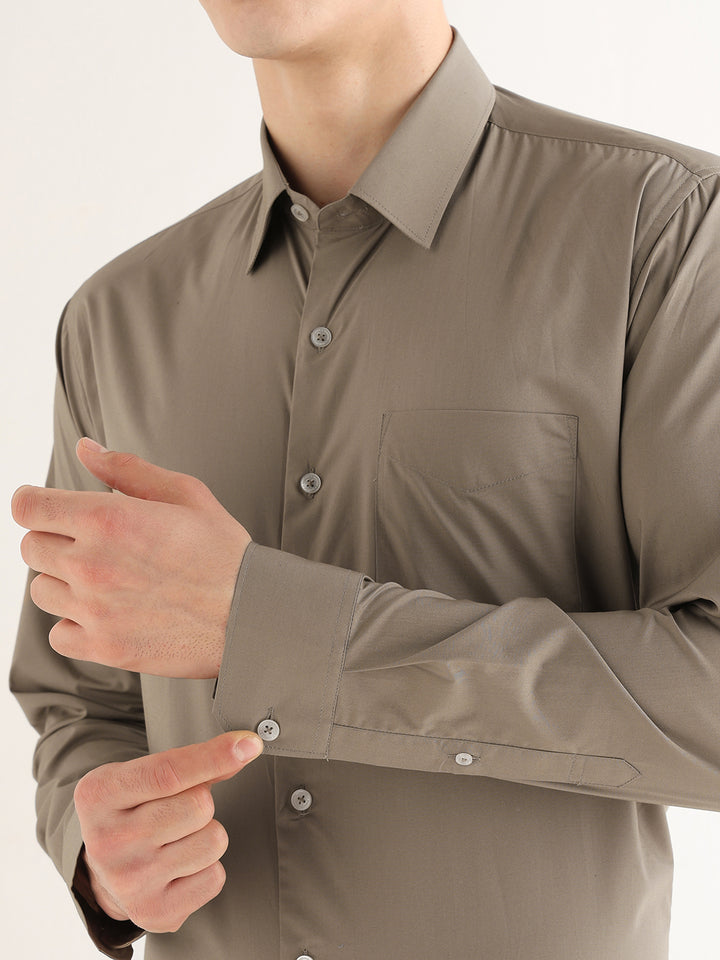 Hancock   Men   Olive   Solids   Pure Cotton   Slim Fit   Formal   Shirt