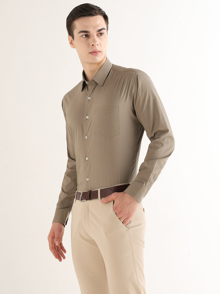 Hancock   Men   Olive   Solids   Pure Cotton   Slim Fit   Formal   Shirt