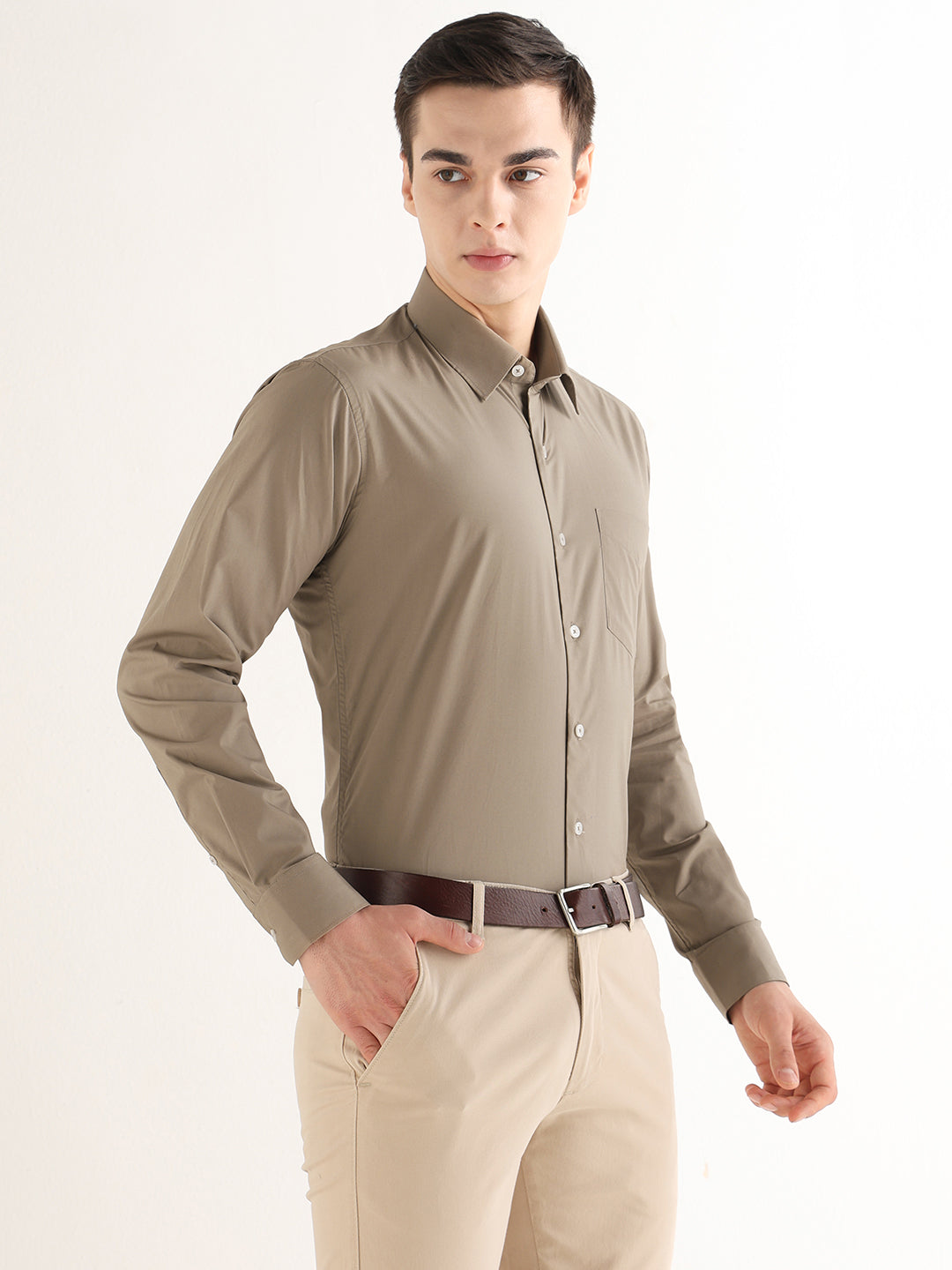 Hancock   Men   Olive   Solids   Pure Cotton   Slim Fit   Formal   Shirt