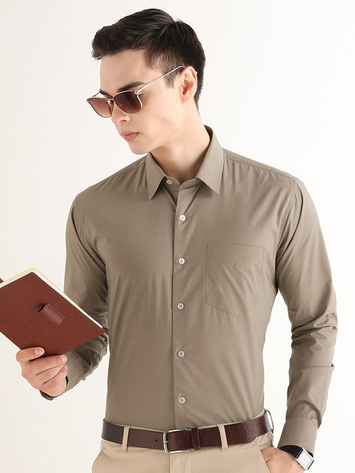 Hancock   Men   Olive   Solids   Pure Cotton   Slim Fit   Formal   Shirt