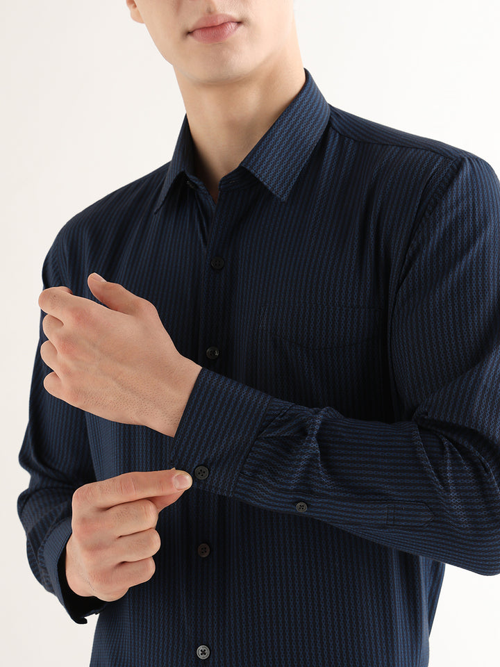 Hancock   Men   Navy Blue   Solid Self Design   Cotton Blend   Slim Fit   Formal   Shirt