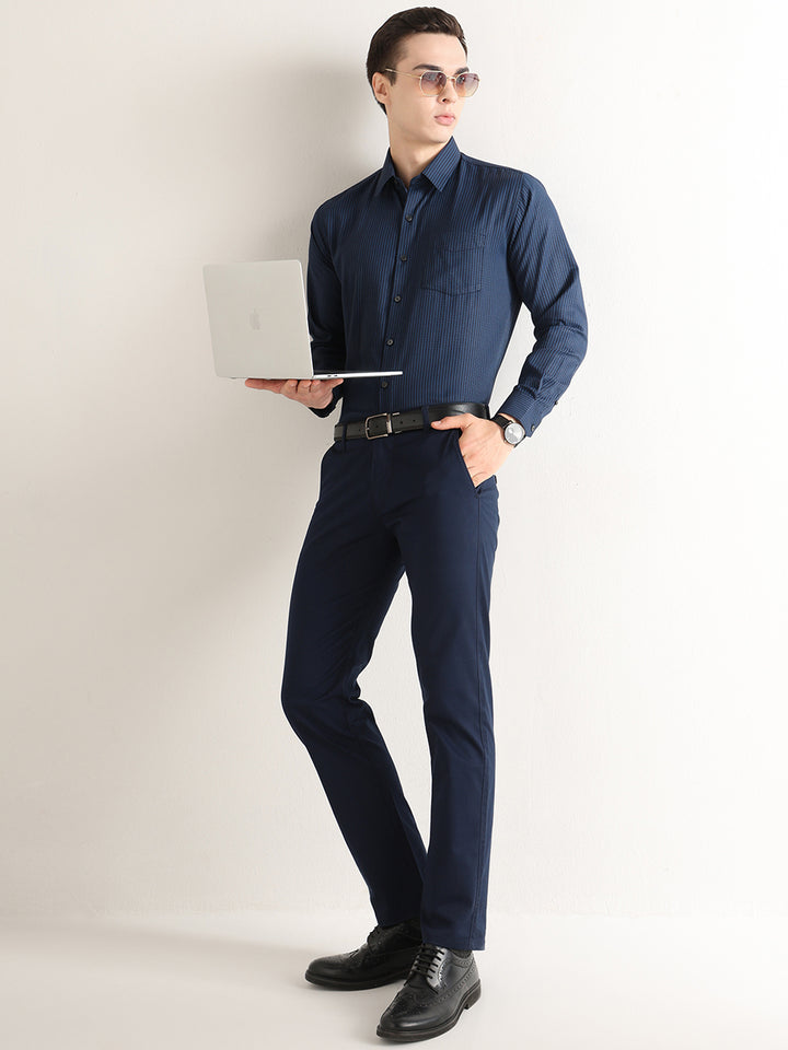 Hancock   Men   Navy Blue   Solid Self Design   Cotton Blend   Slim Fit   Formal   Shirt