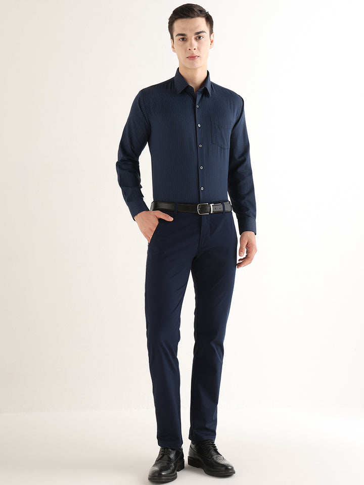Hancock   Men   Navy Blue   Solid Self Design   Cotton Blend   Slim Fit   Formal   Shirt