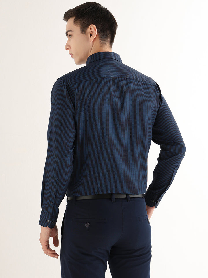 Hancock   Men   Navy Blue   Solid Self Design   Cotton Blend   Slim Fit   Formal   Shirt