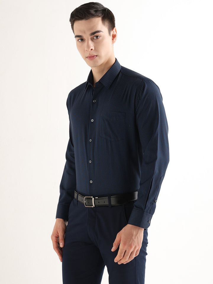 Hancock   Men   Navy Blue   Solid Self Design   Cotton Blend   Slim Fit   Formal   Shirt