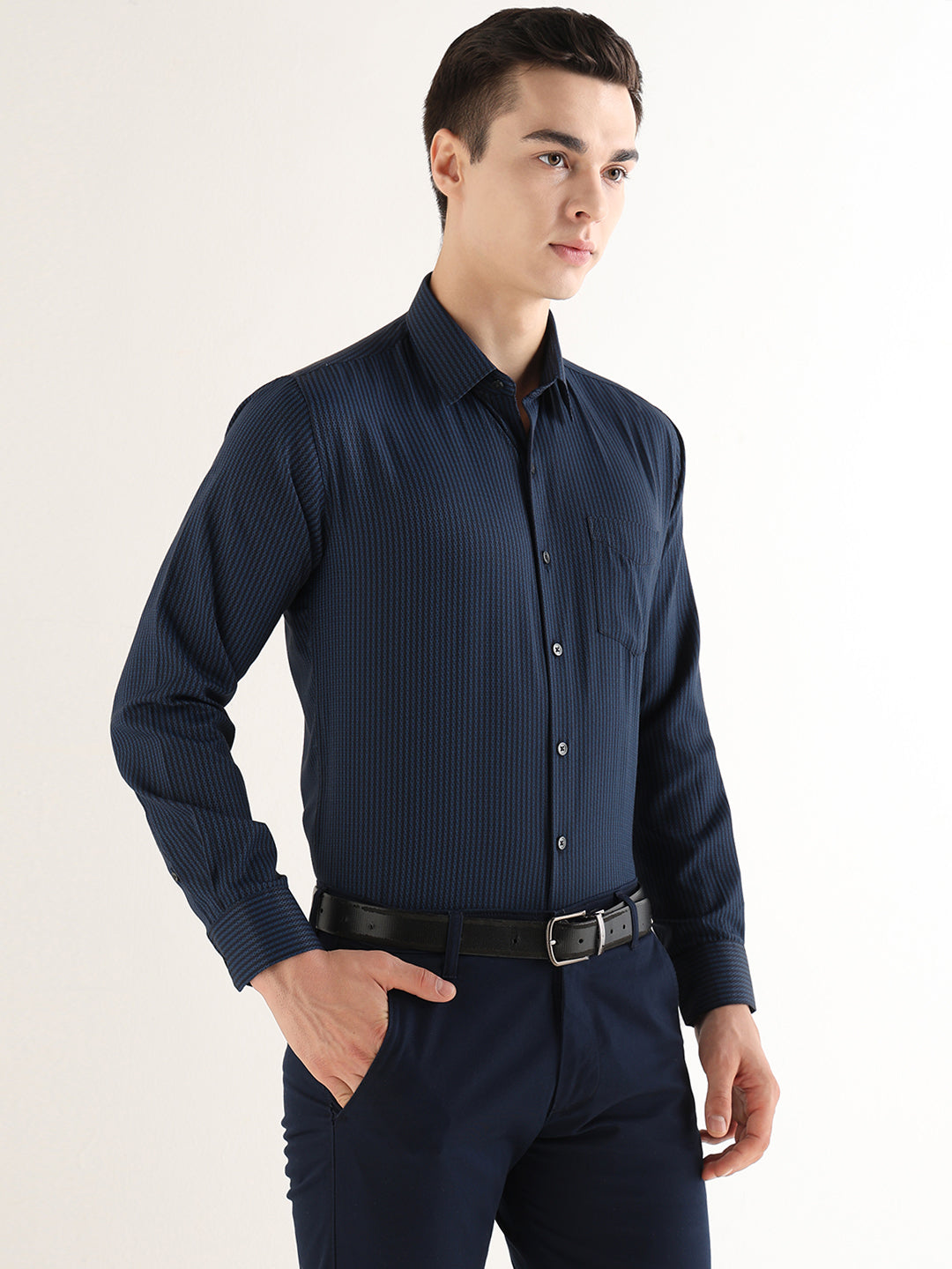 Hancock   Men   Navy Blue   Solid Self Design   Cotton Blend   Slim Fit   Formal   Shirt