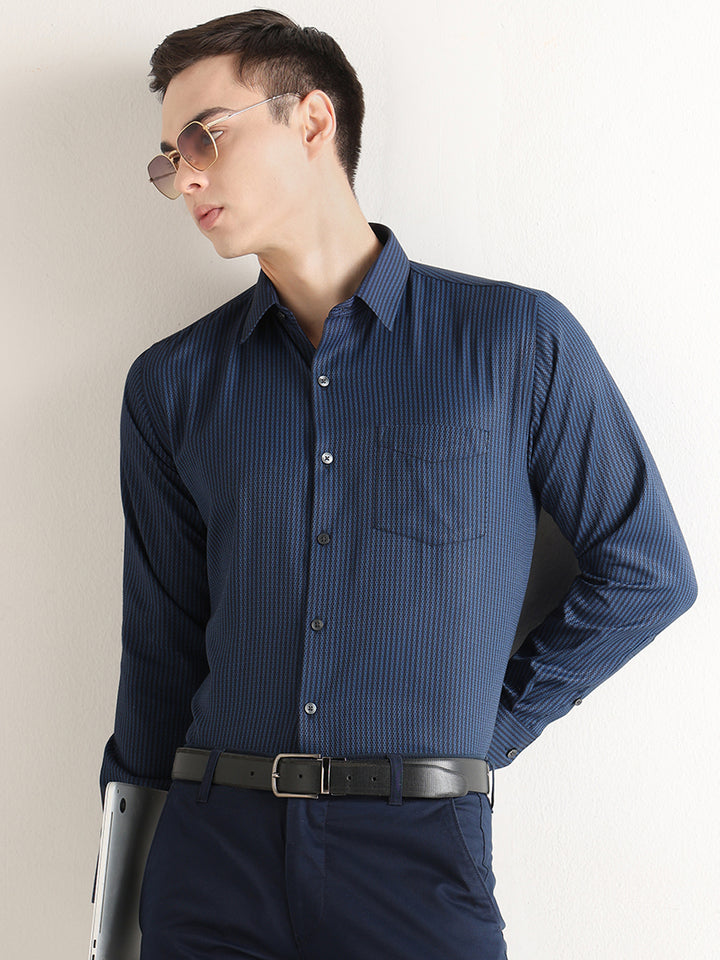 Hancock   Men   Navy Blue   Solid Self Design   Cotton Blend   Slim Fit   Formal   Shirt