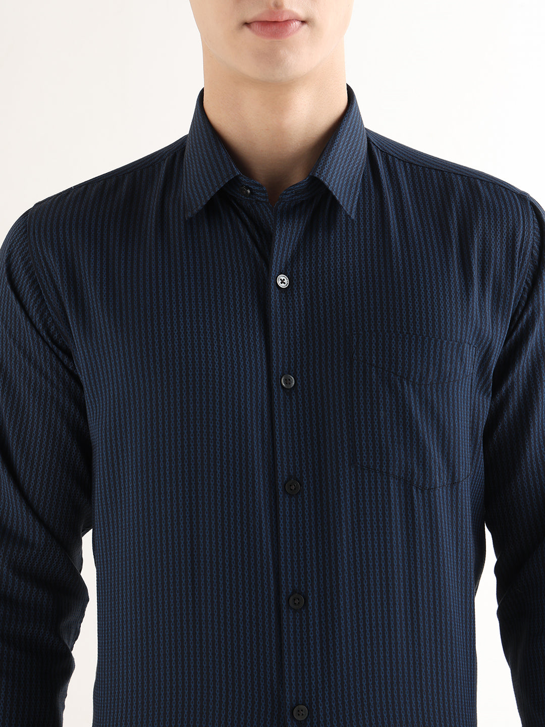 Hancock   Men   Navy Blue   Solid Self Design   Cotton Blend   Slim Fit   Formal   Shirt