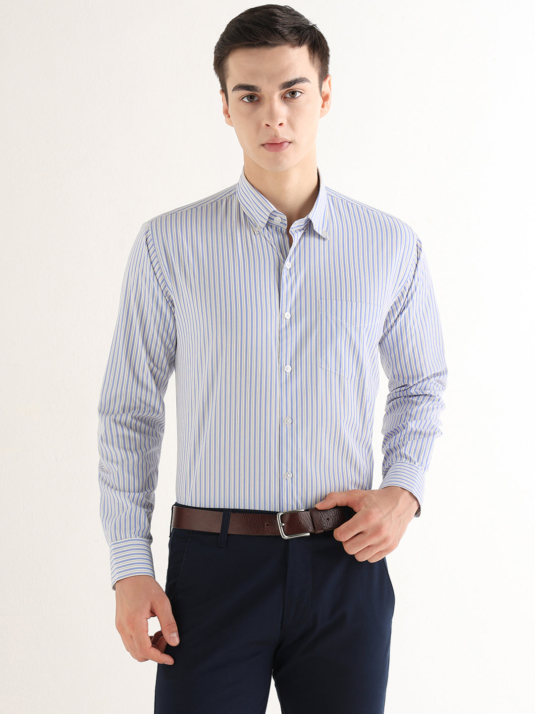 Hancock   Men   White & Blue   Stripes   Pure Cotton   Slim Fit   Formal   Shirt