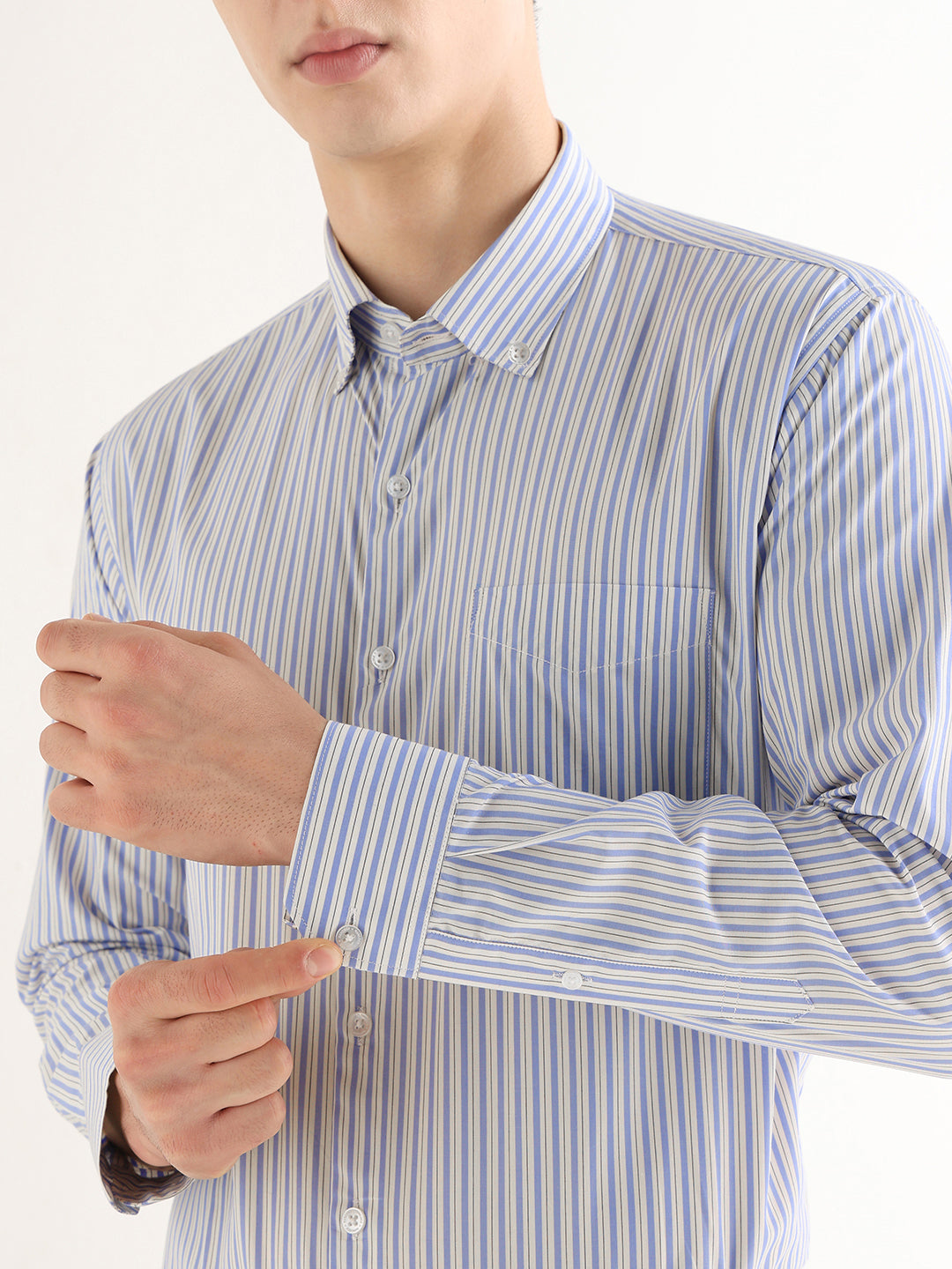 Hancock   Men   White & Blue   Stripes   Pure Cotton   Slim Fit   Formal   Shirt