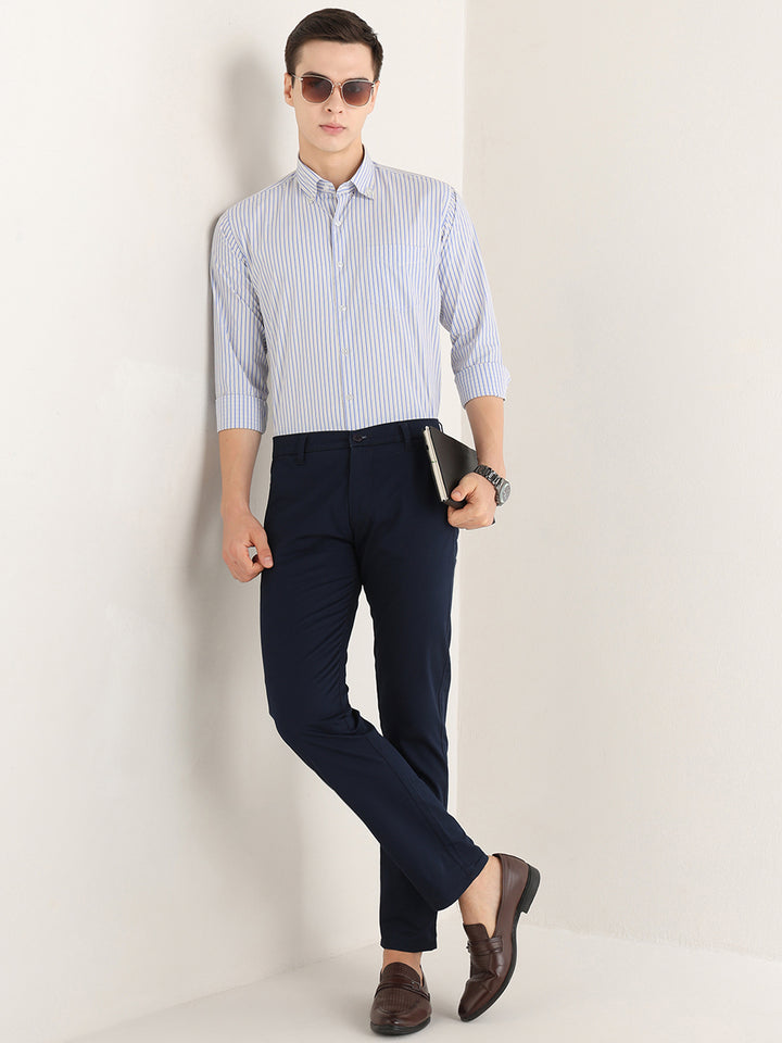 Hancock   Men   White & Blue   Stripes   Pure Cotton   Slim Fit   Formal   Shirt