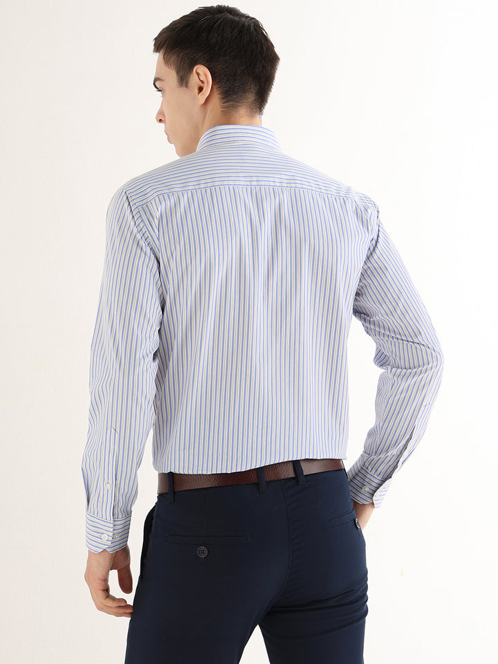 Hancock   Men   White & Blue   Stripes   Pure Cotton   Slim Fit   Formal   Shirt