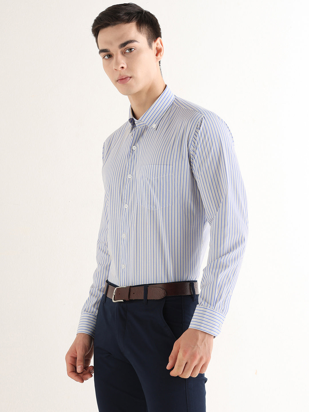 Hancock   Men   White & Blue   Stripes   Pure Cotton   Slim Fit   Formal   Shirt