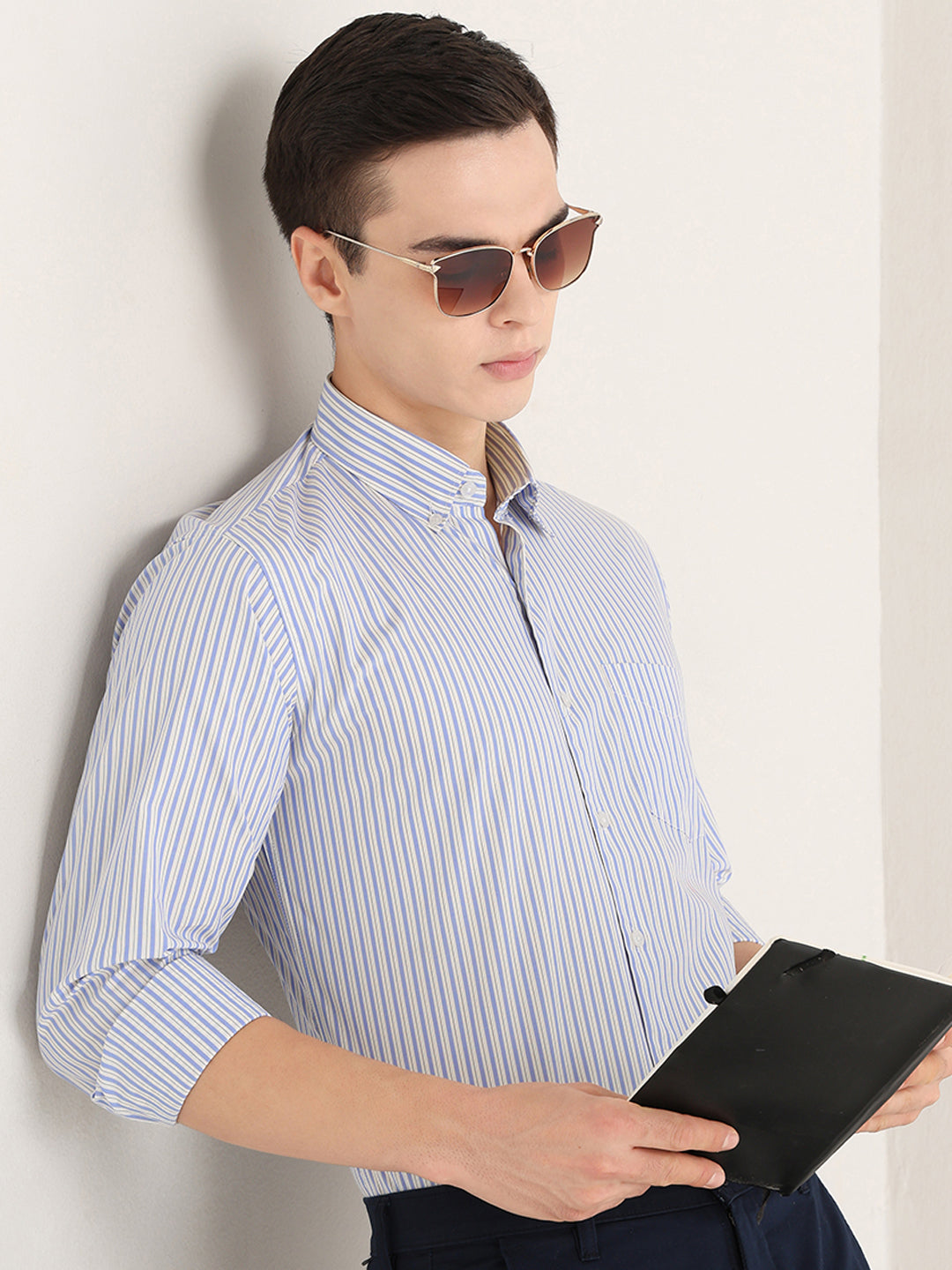 Hancock   Men   White & Blue   Stripes   Pure Cotton   Slim Fit   Formal   Shirt