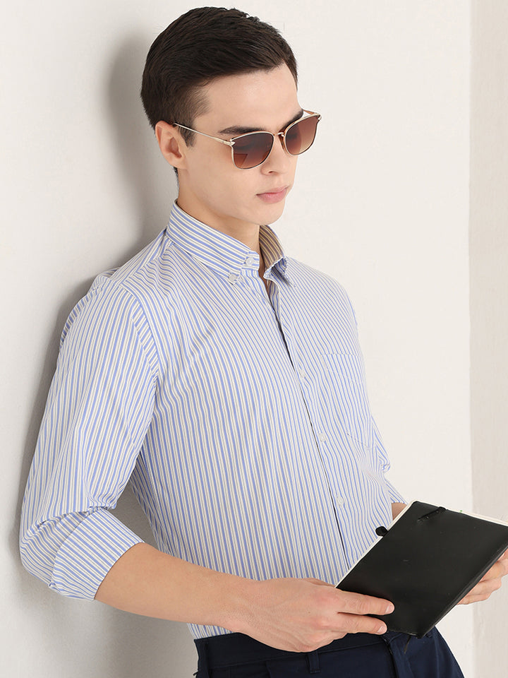Hancock   Men   White & Blue   Stripes   Pure Cotton   Slim Fit   Formal   Shirt