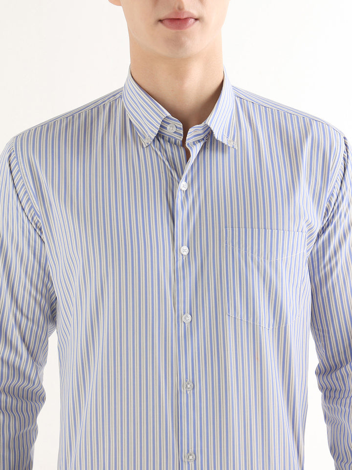 Hancock   Men   White & Blue   Stripes   Pure Cotton   Slim Fit   Formal   Shirt