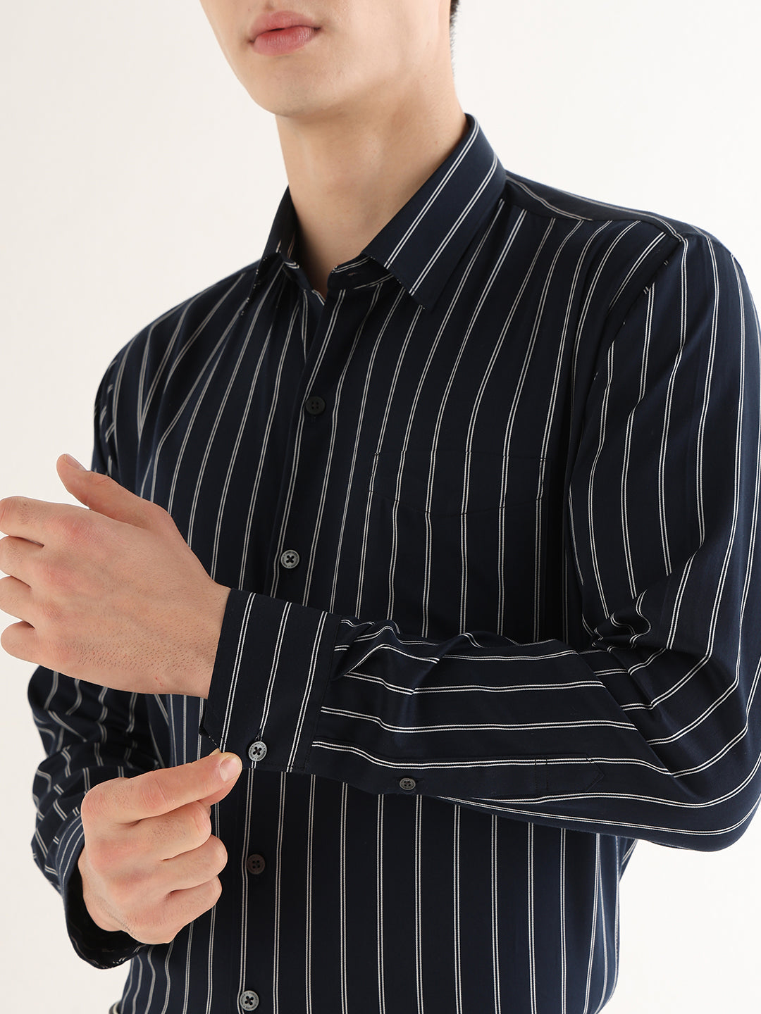Hancock   Men   Navy Blue   Stripes   Pure Cotton   Slim Fit   Formal   Shirt